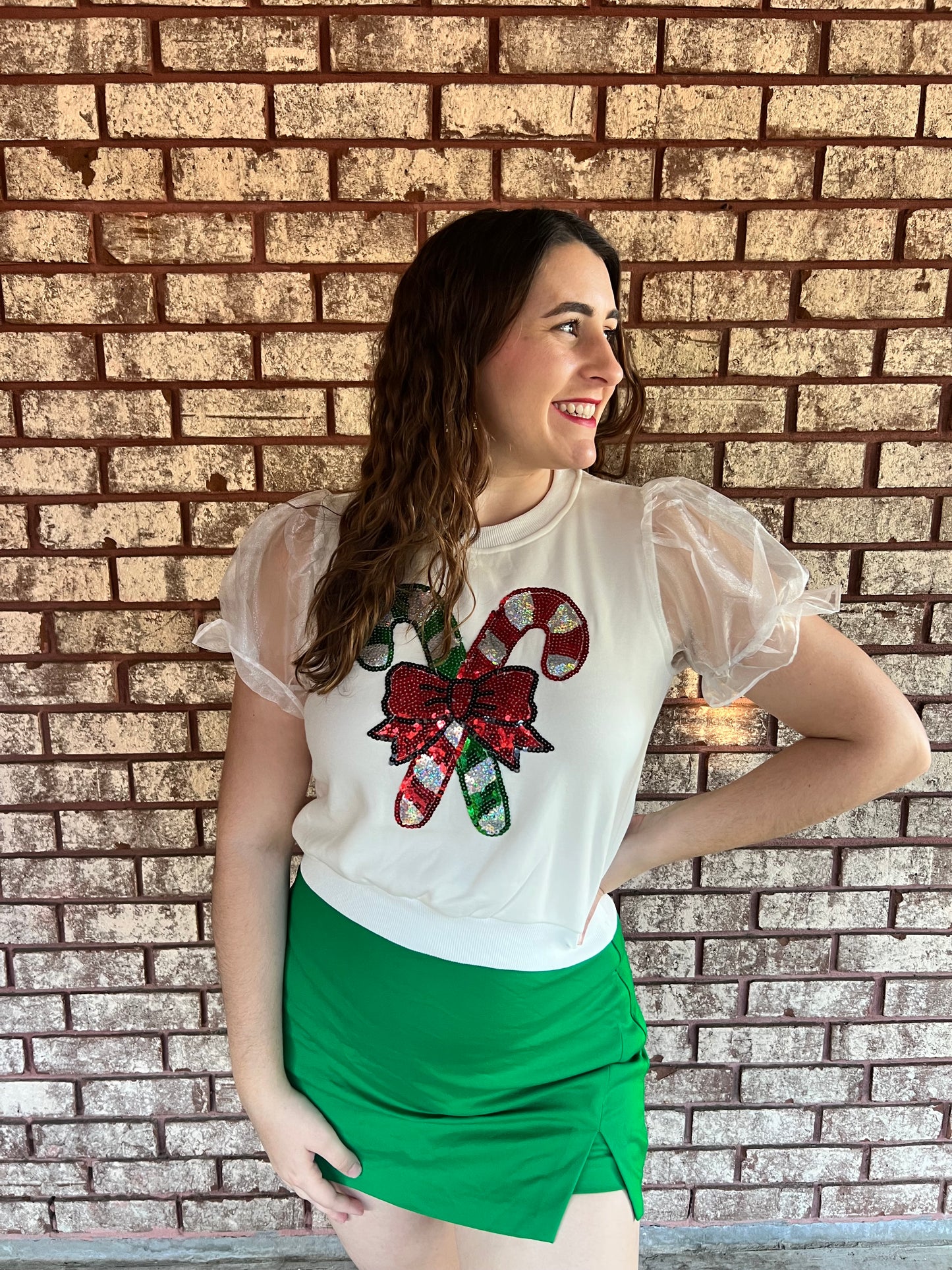 Candy Cane Dreams Puff Sleeve Top