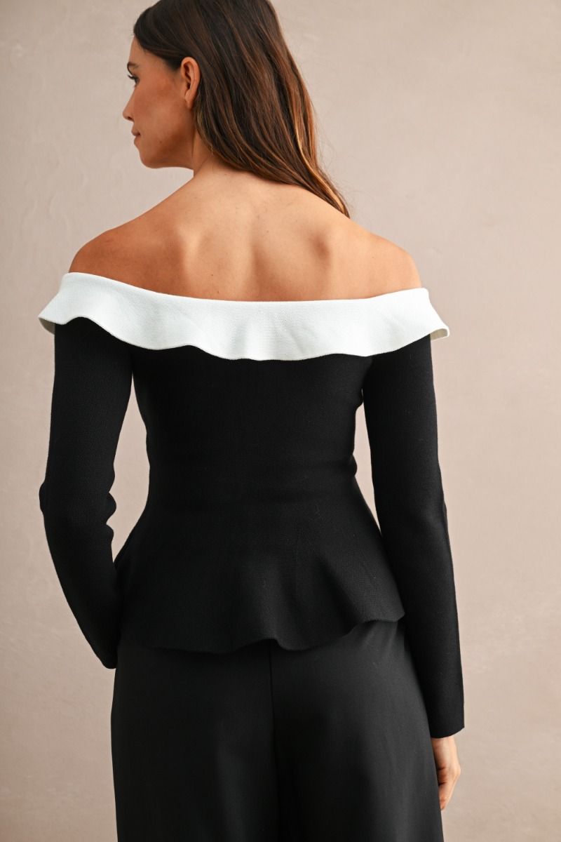 Black and White Off Shoulder Knit Top