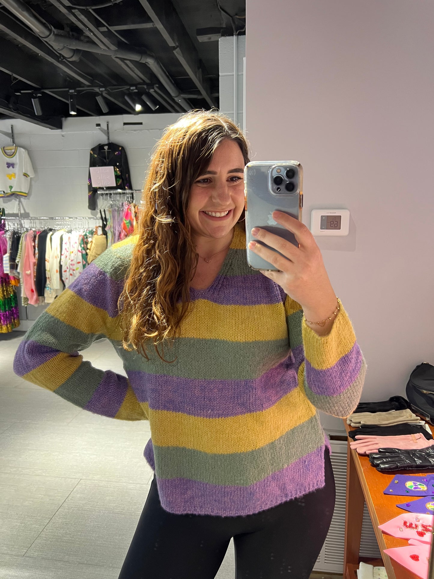 Mardi Gras V-Neck Striped Sweater