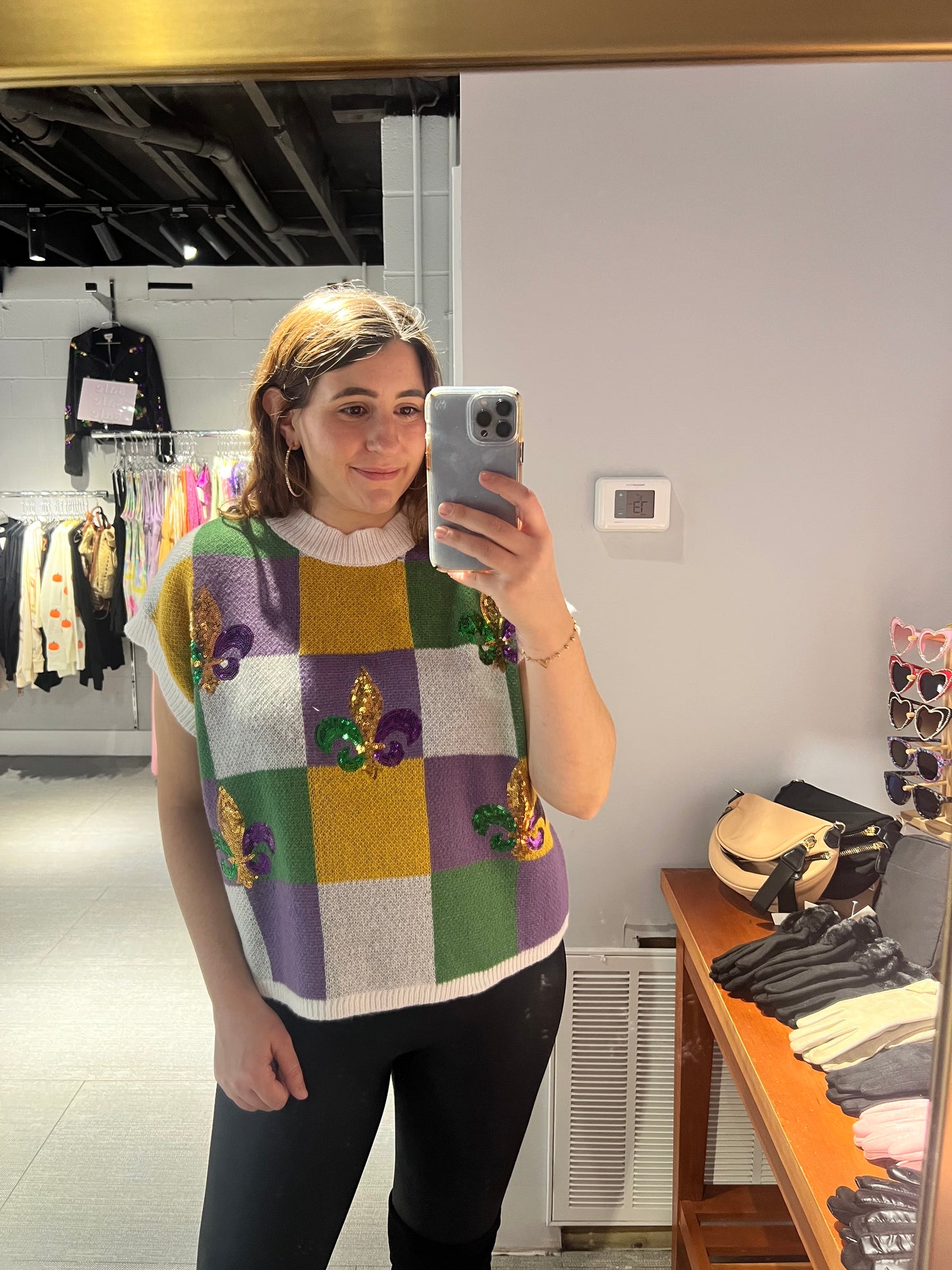 Mardi Gras Sequin Fleur De Lis Checker Sweater