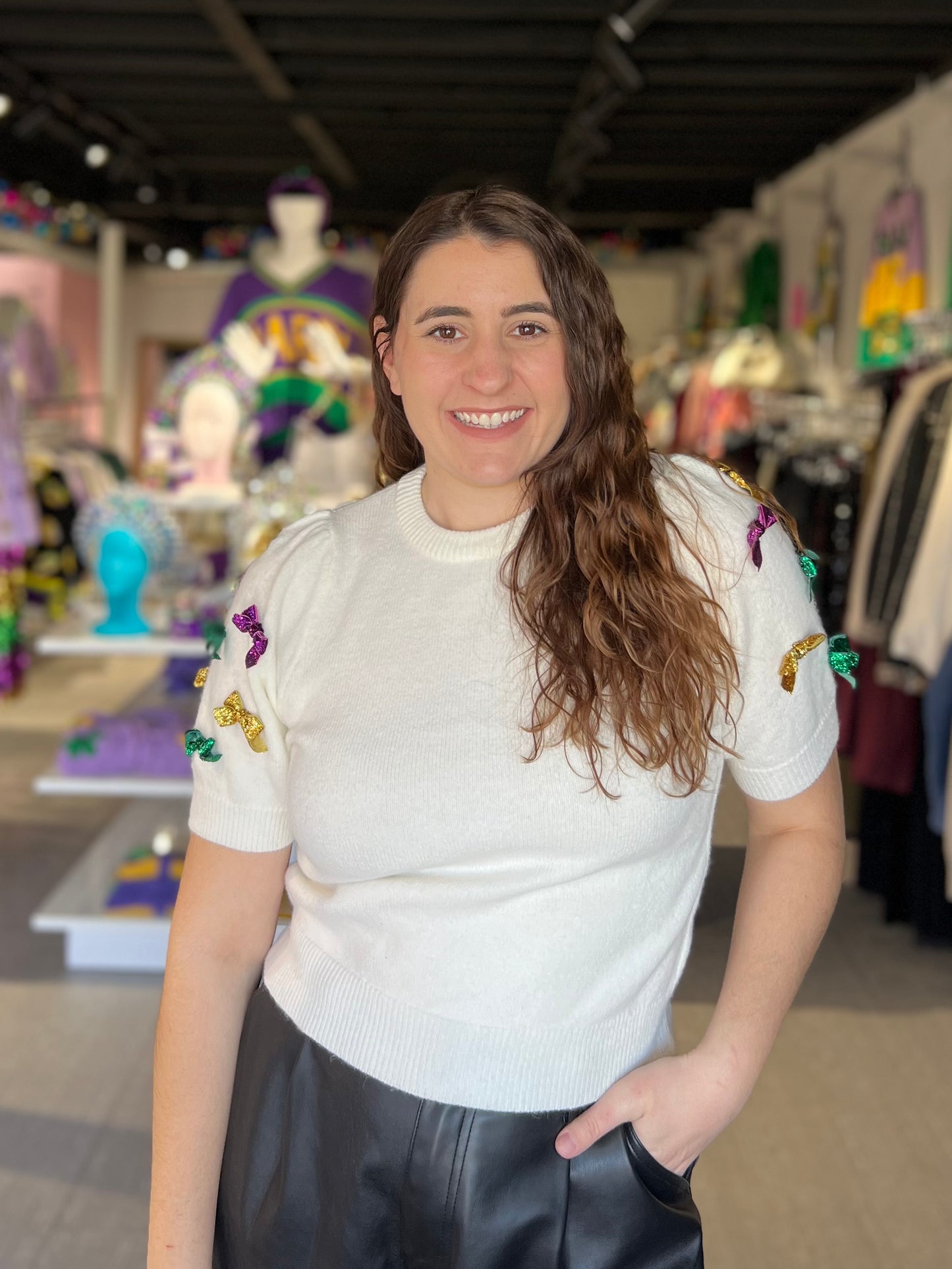 Mardi Gras Glitter Bow Puff Short Sleeve Sweater