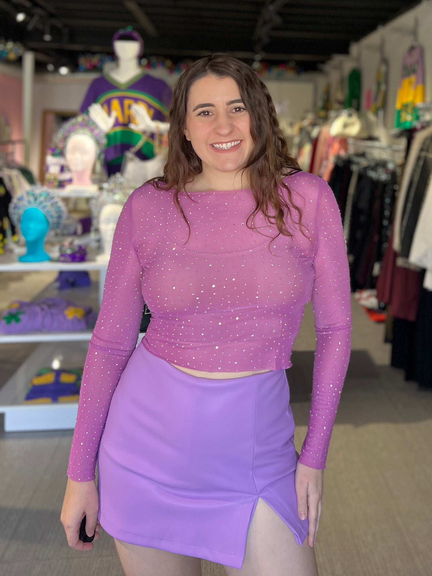 Lilac Rhinestone Mesh Top