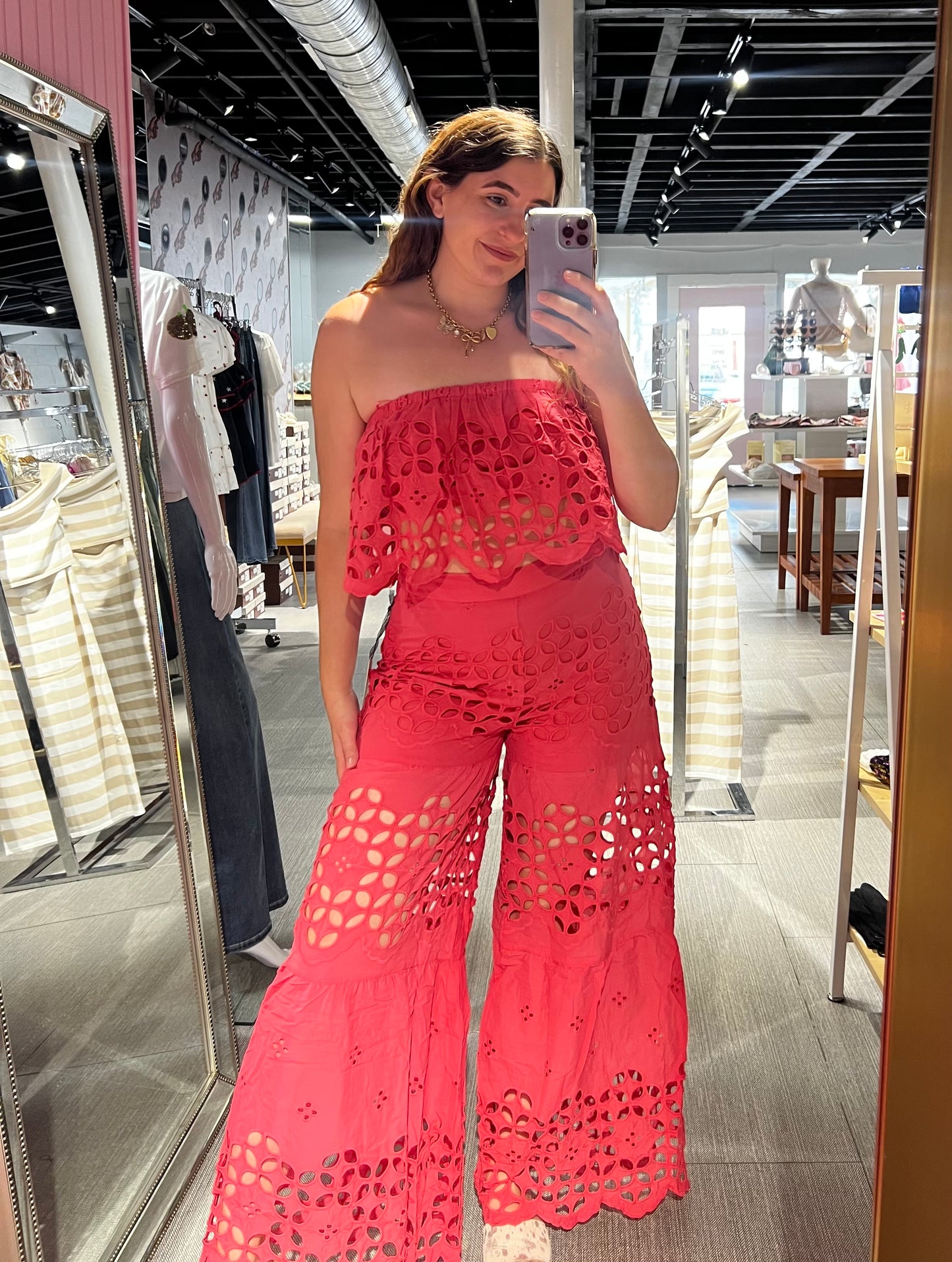 Coral Lace Tube Top Pant Set