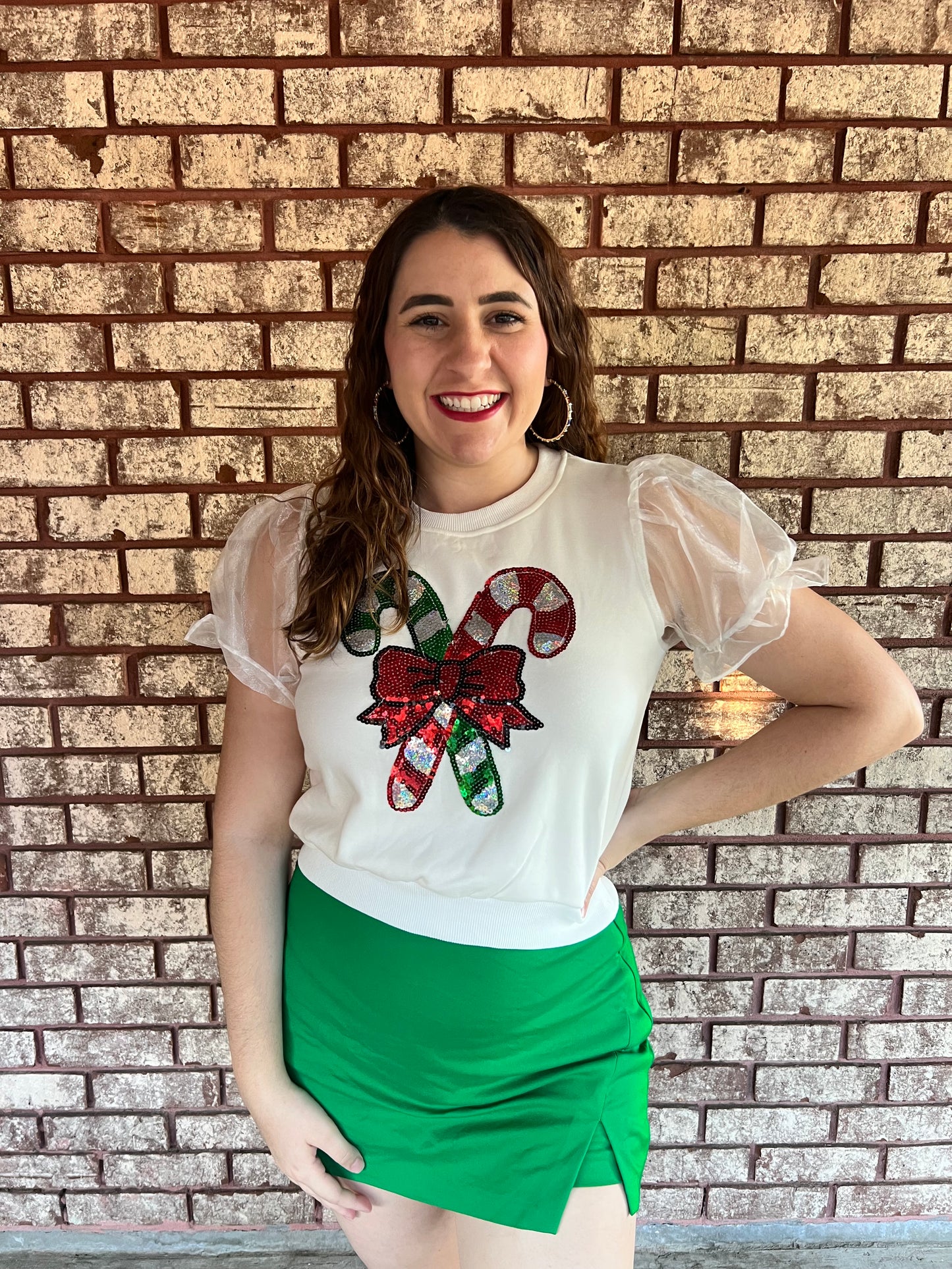 Candy Cane Dreams Puff Sleeve Top