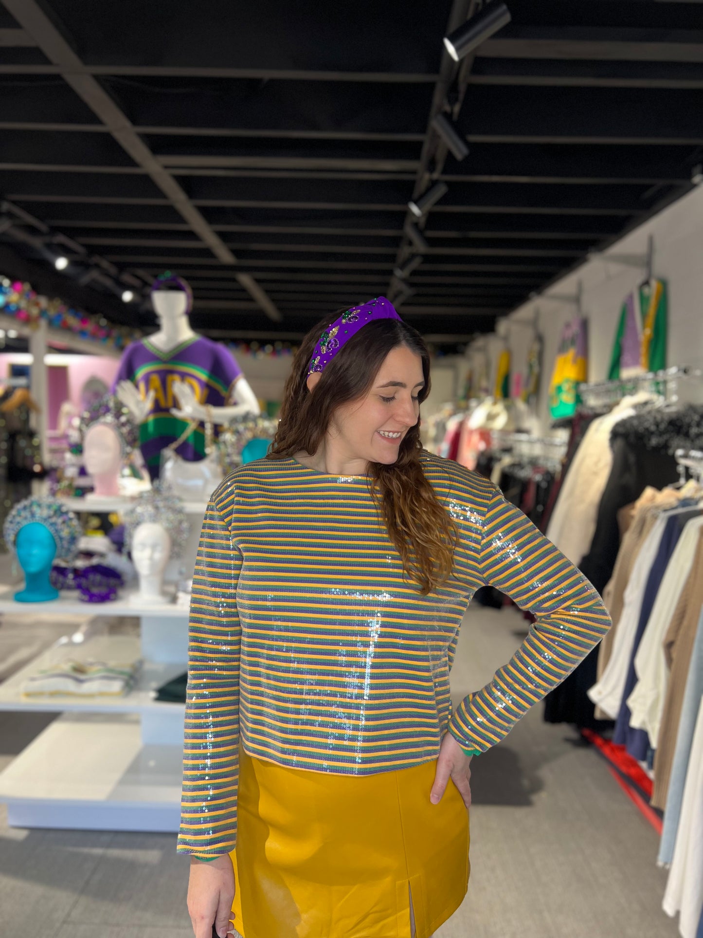 Mardi Gras Pin Stripe Sequin Top
