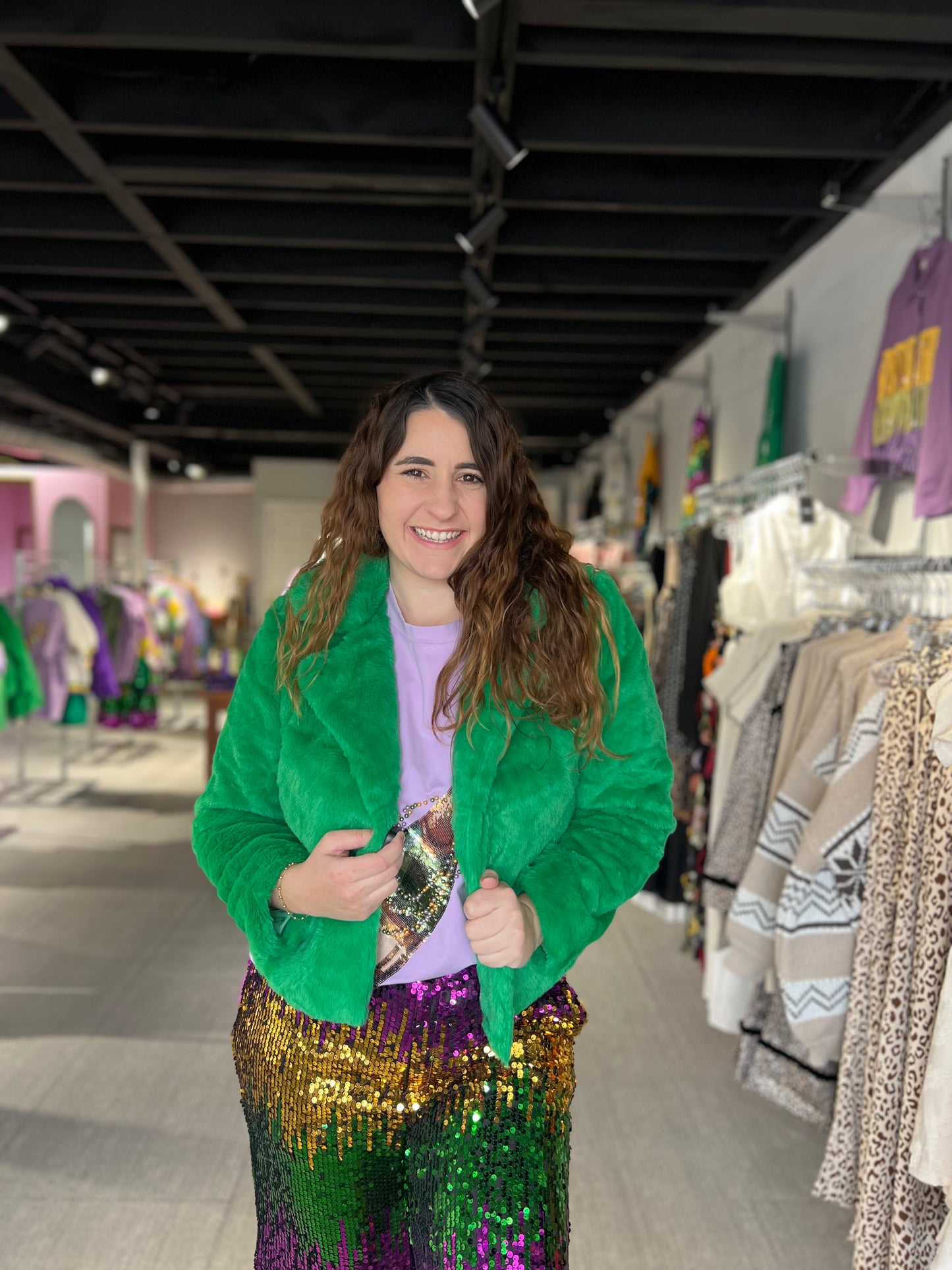 Mardi Gras Green Fur Coat