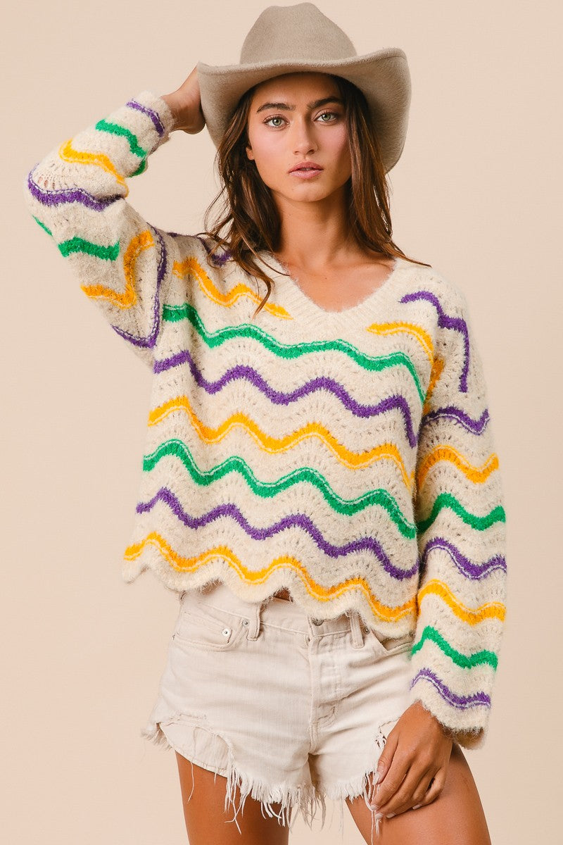 Mardi Gras Ivory Wavy Stripes Sweater