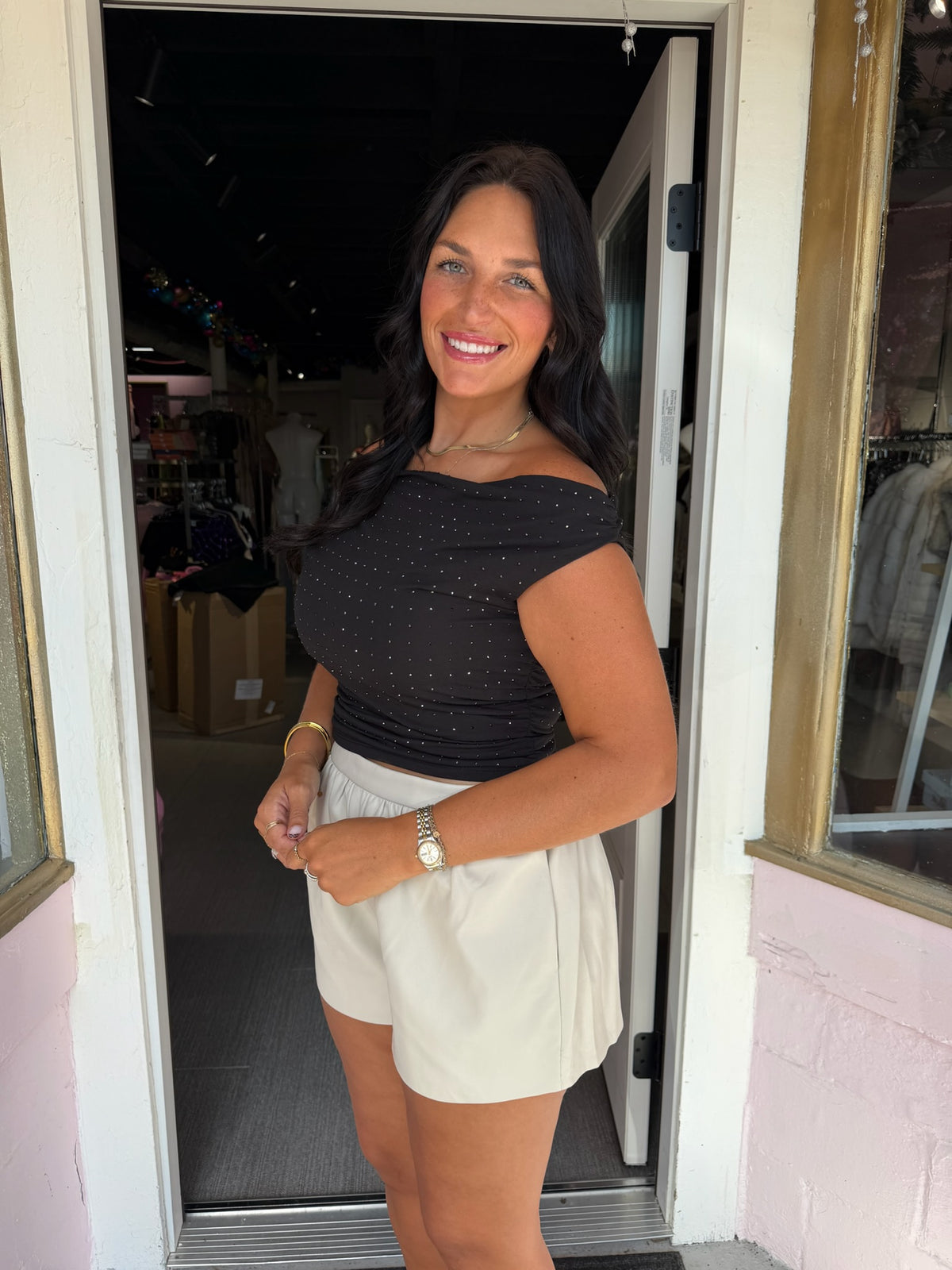 Off the Shoulder Rhinestone Top - Black