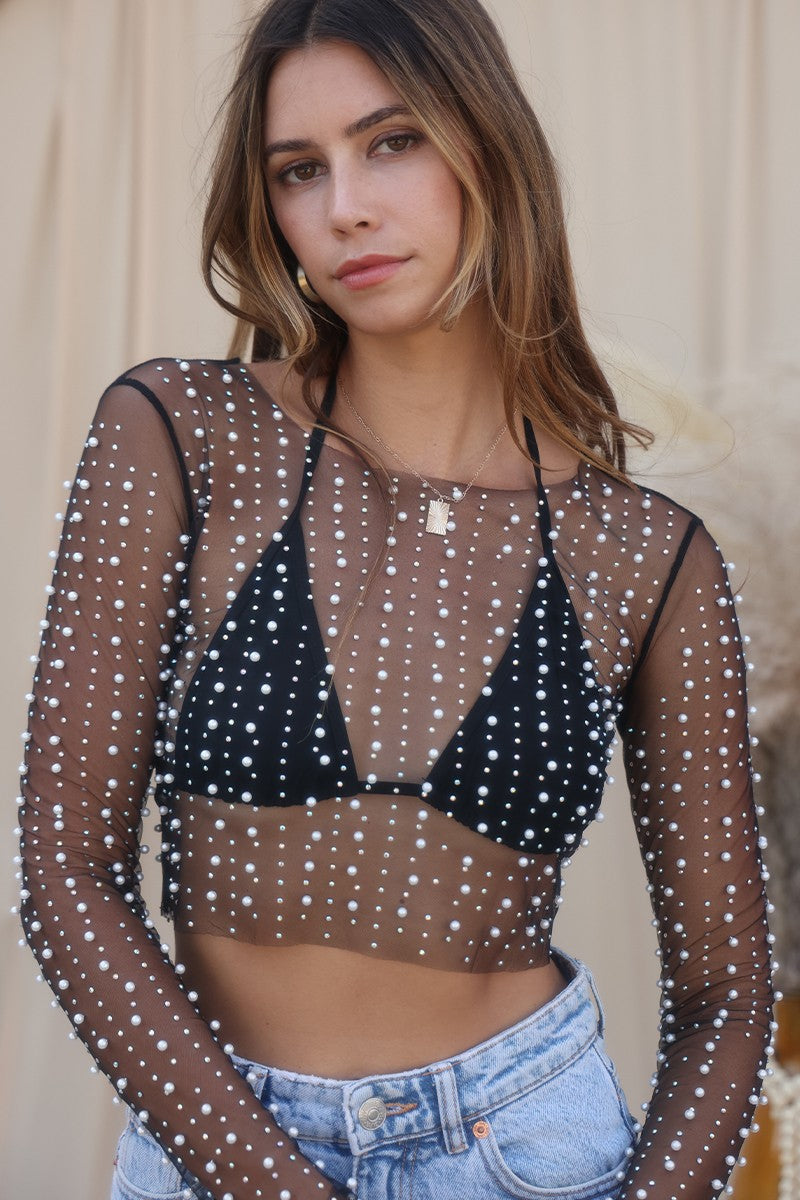 Pearl Embellished Mesh Top (Black)