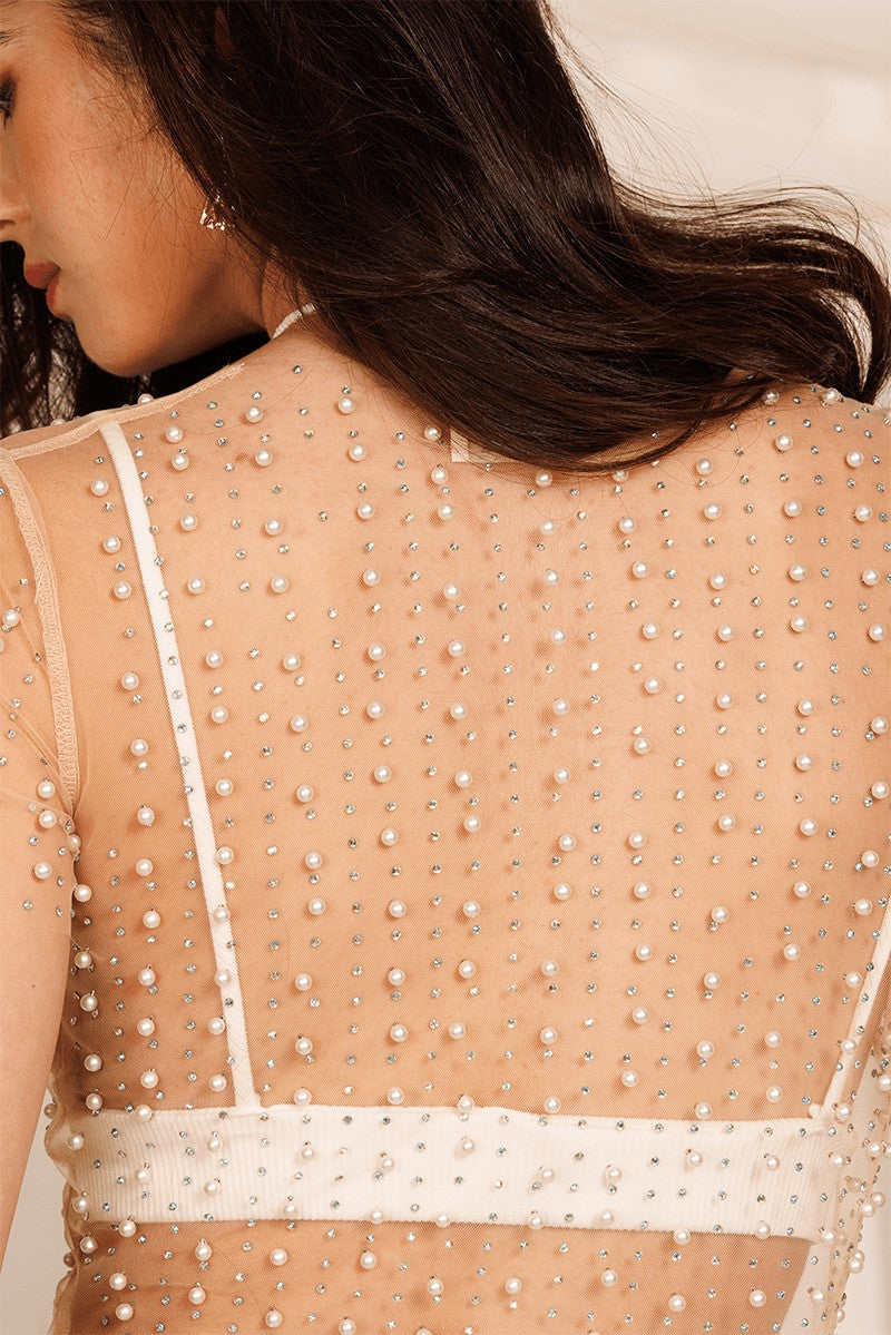 Pearl Embellished Mesh Top (Nude)