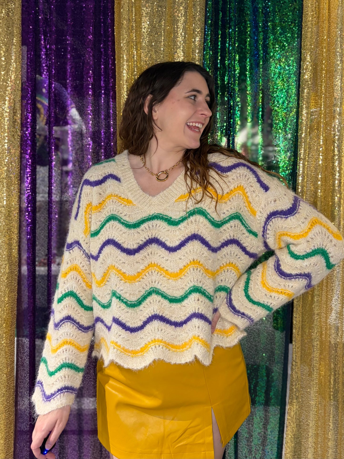 Mardi Gras Ivory Wavy Stripes Sweater