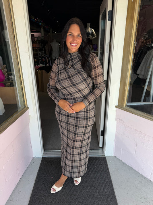 Michelle Plaid Mesh Long Sleeve Dress