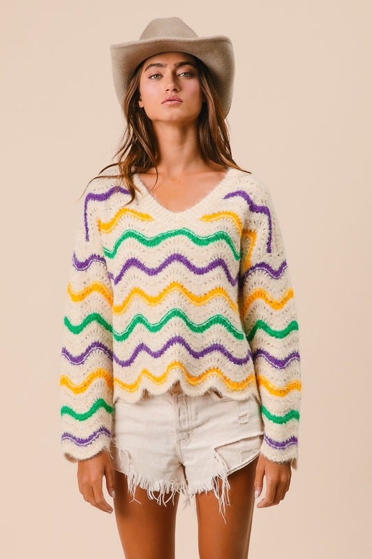 Mardi Gras Ivory Wavy Stripes Sweater