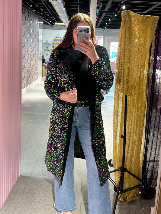 Mardi Gras Sequin Trench Coat