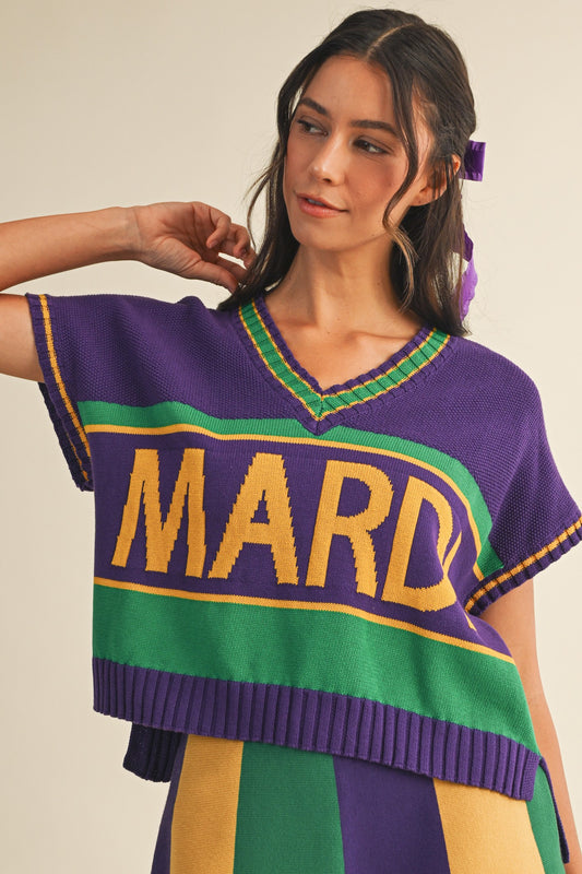 Mardi Gras Varsity Lettering Sweater