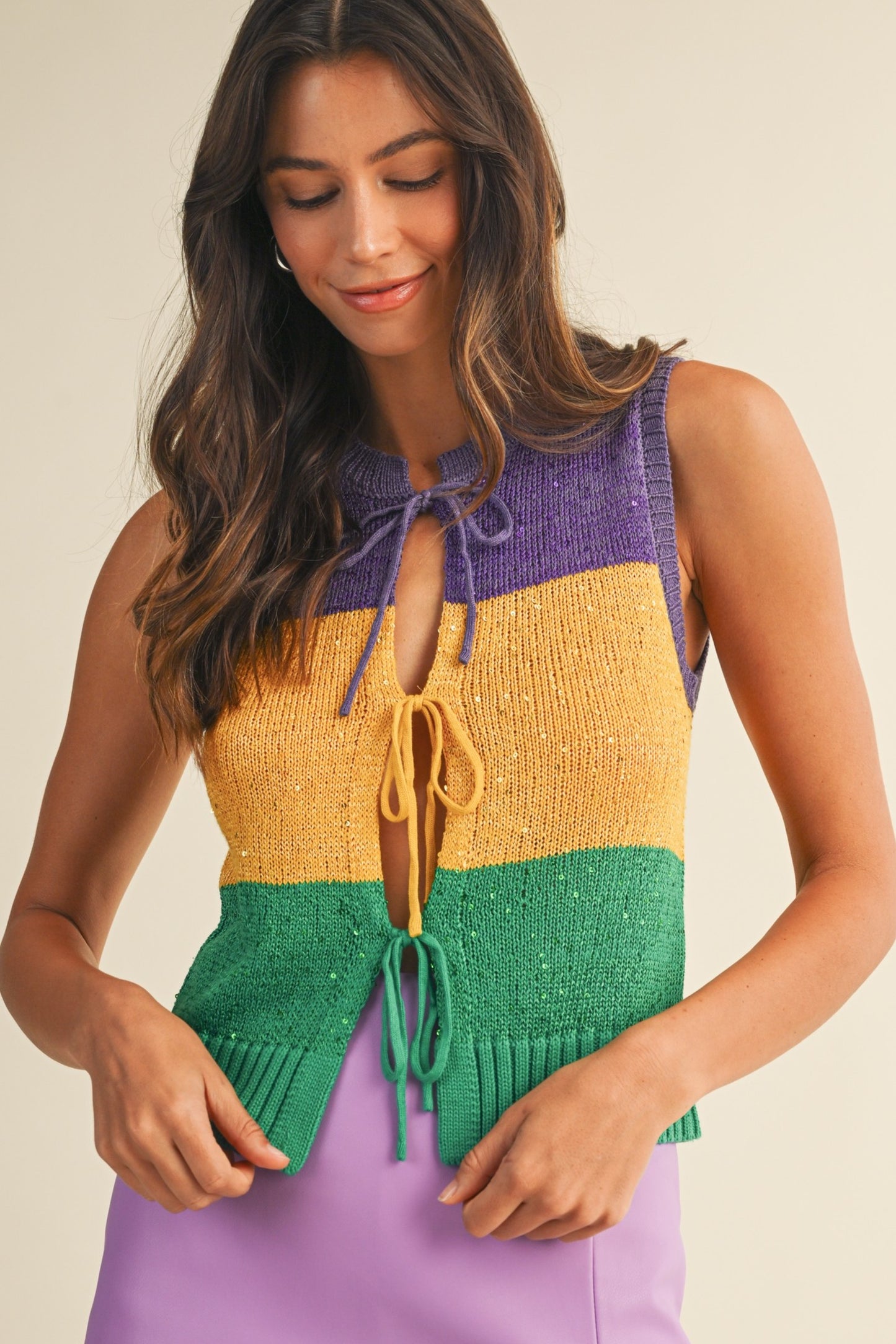 Mardi Gras Sequin Color Block Bow Vest