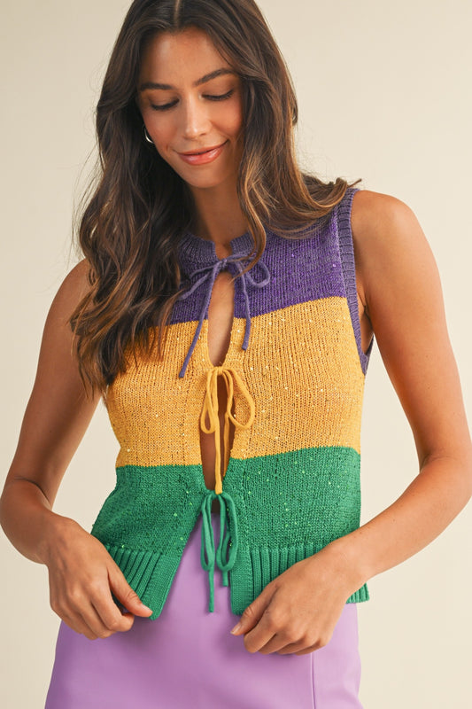 Mardi Gras Sequin Color Block Bow Vest