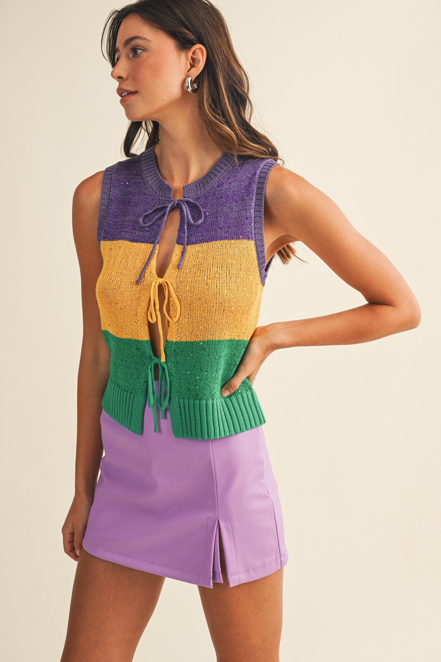 Mardi Gras Sequin Color Block Bow Vest