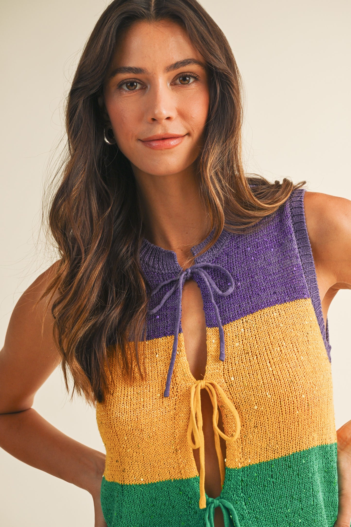 Mardi Gras Sequin Color Block Bow Vest