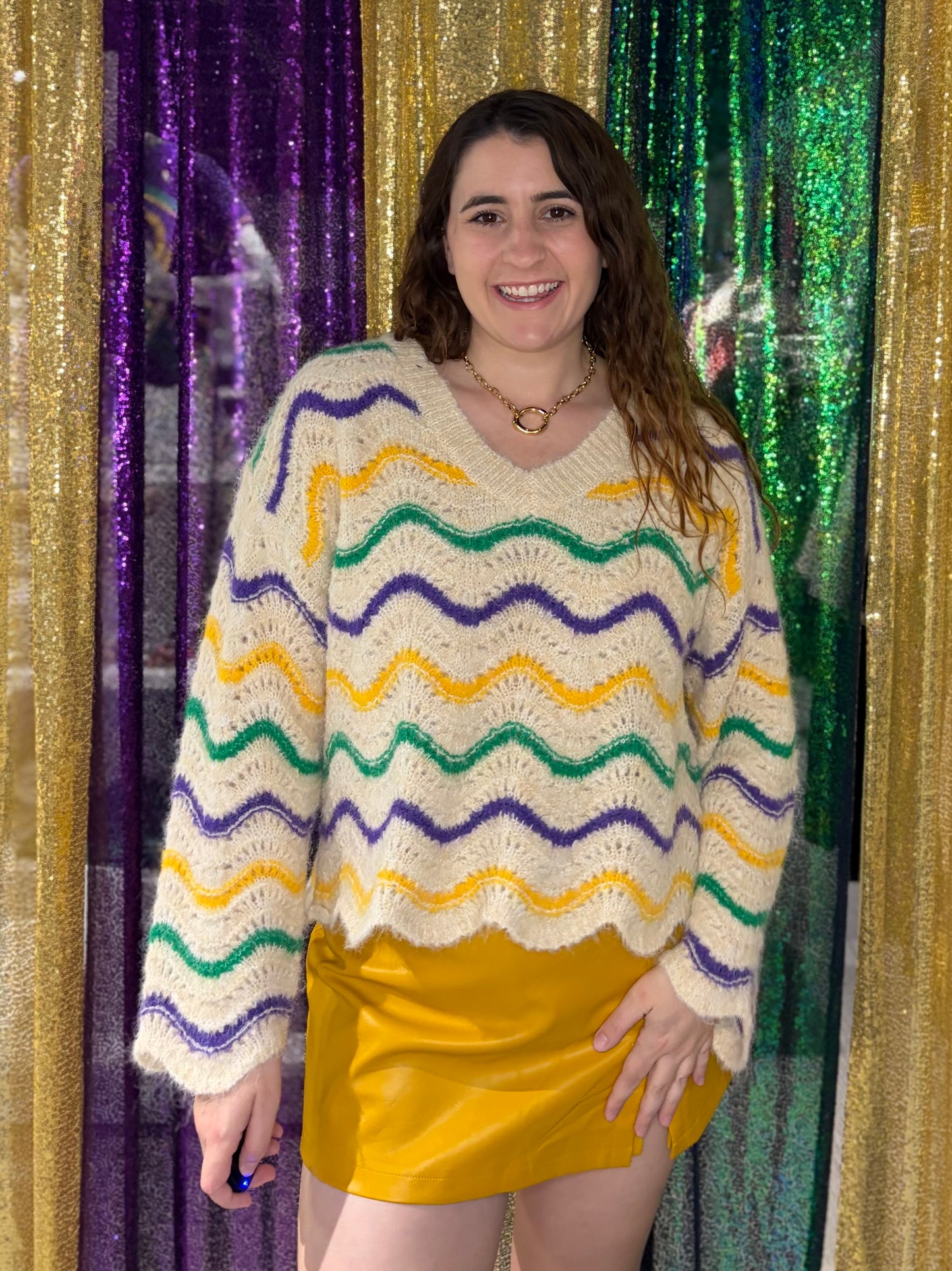 Mardi Gras Ivory Wavy Stripes Sweater