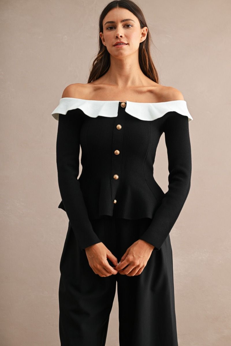 Black and White Off Shoulder Knit Top