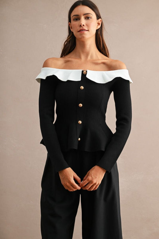 Black and White Off Shoulder Knit Top