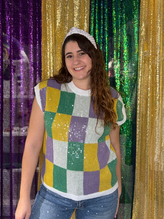 Mardi Gras Sequin Checker Sleeveless Sweater