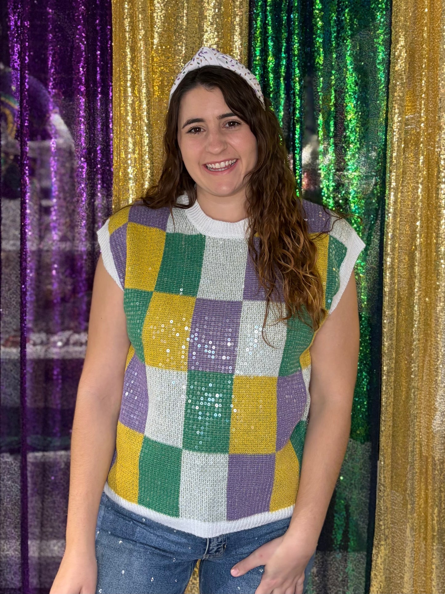 Mardi Gras Sequin Checker Sleeveless Sweater