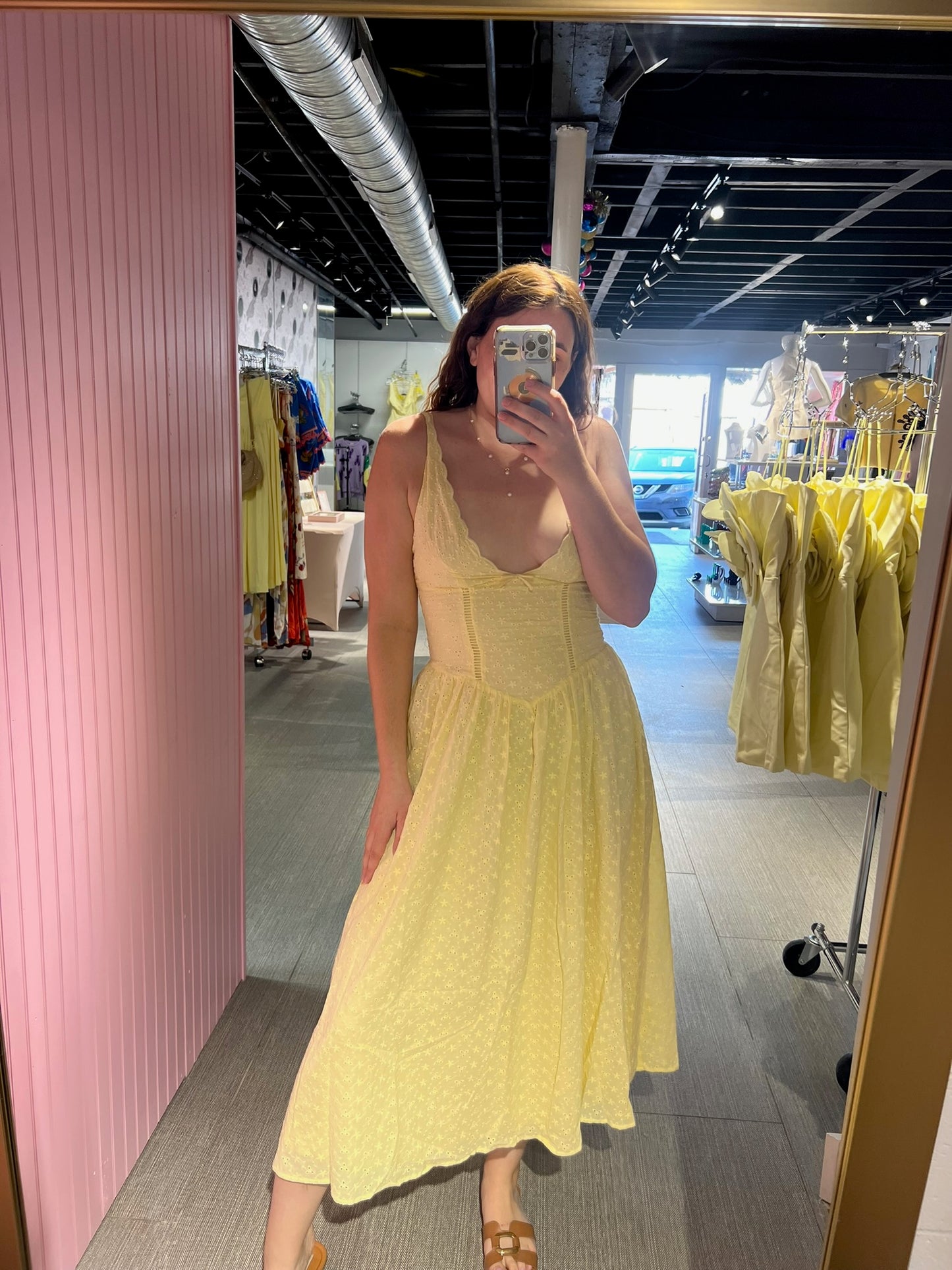Butter Yellow Eyelet Midi Dress