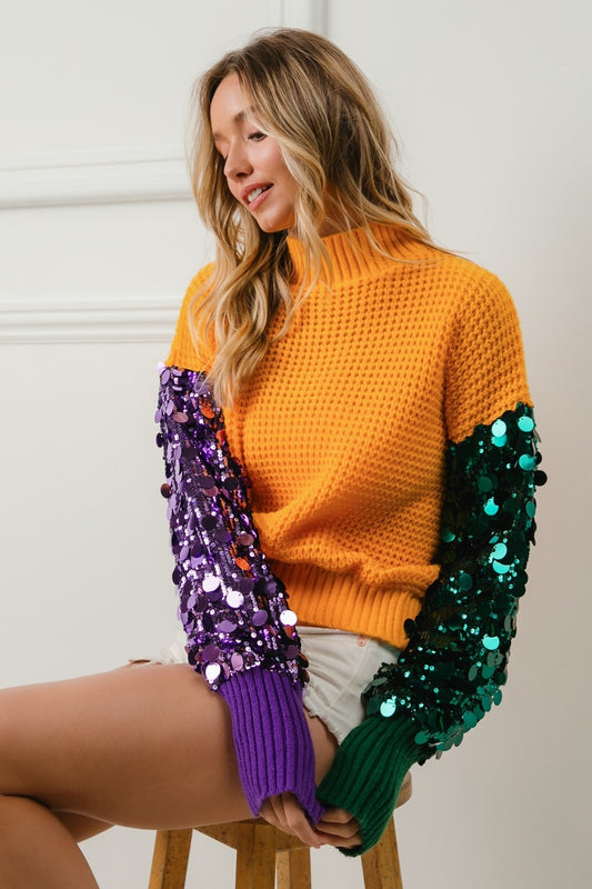 Mardi Gras Colorblock Sequin Sweater