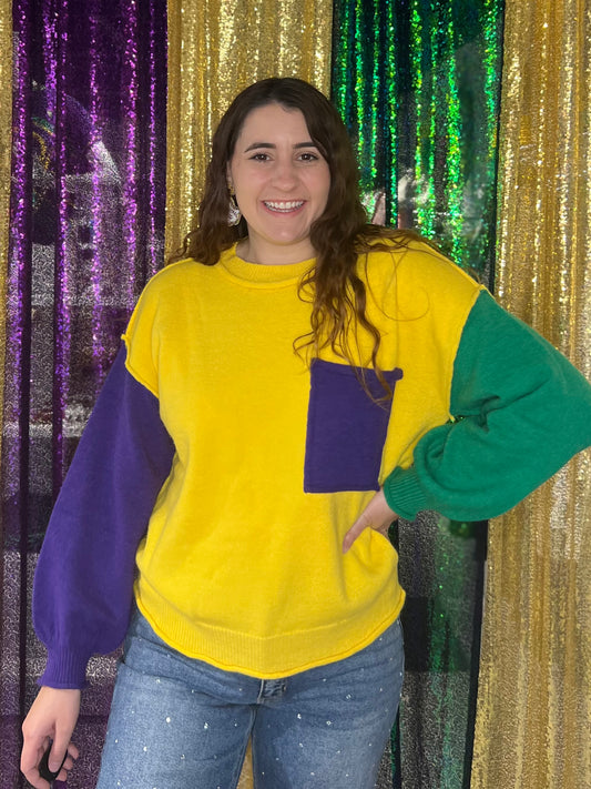 Mardi Gras Patch Pocket Sweater