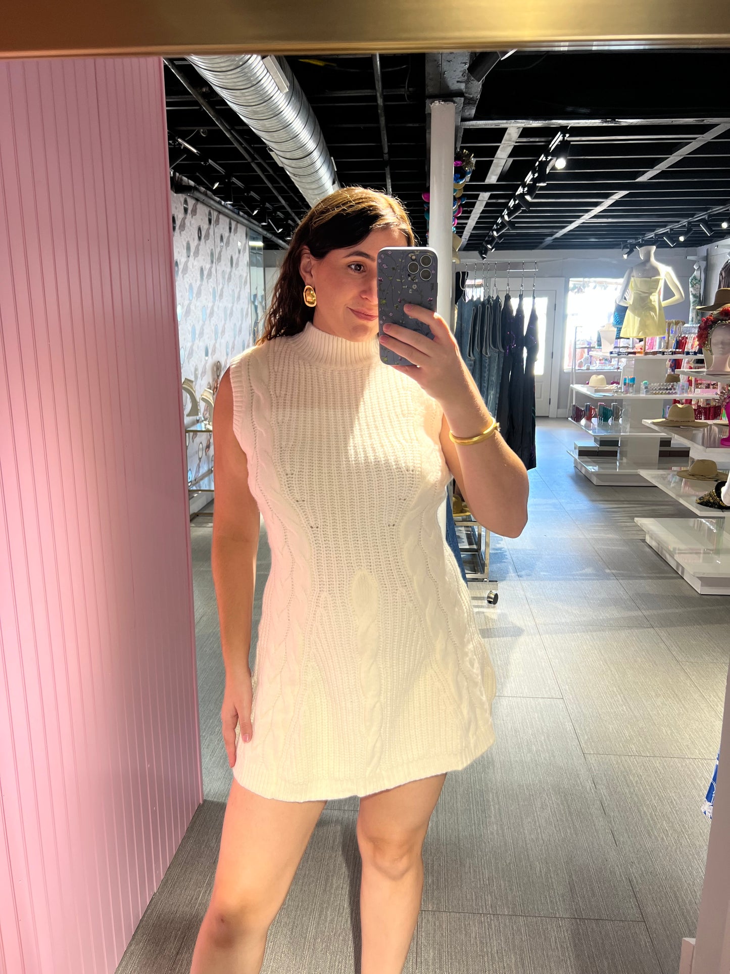 Mock Neck Cable Knit Flared Sweater Mini Dress