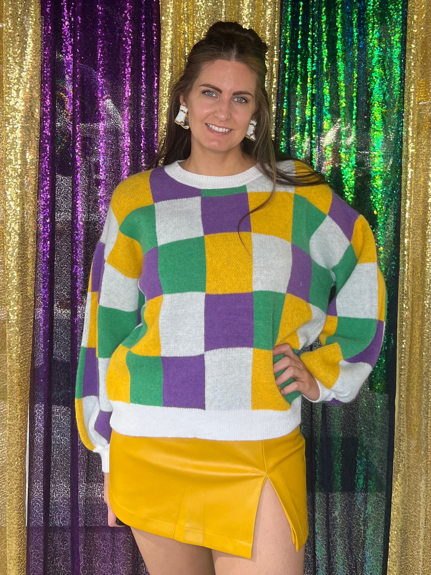 Mardi Gras Checker Sweater