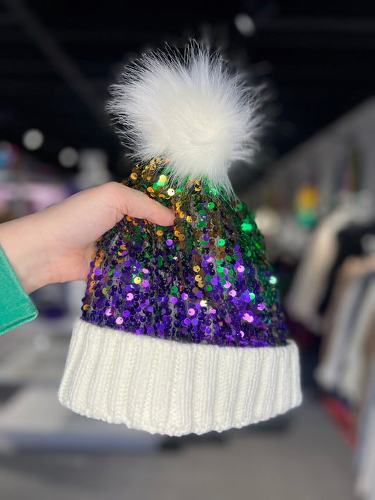 Mardi Gras Sequin Pom Pom Beanie