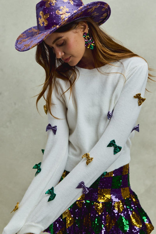 Mardi Gras Glitter Bow Sleeve Sweater