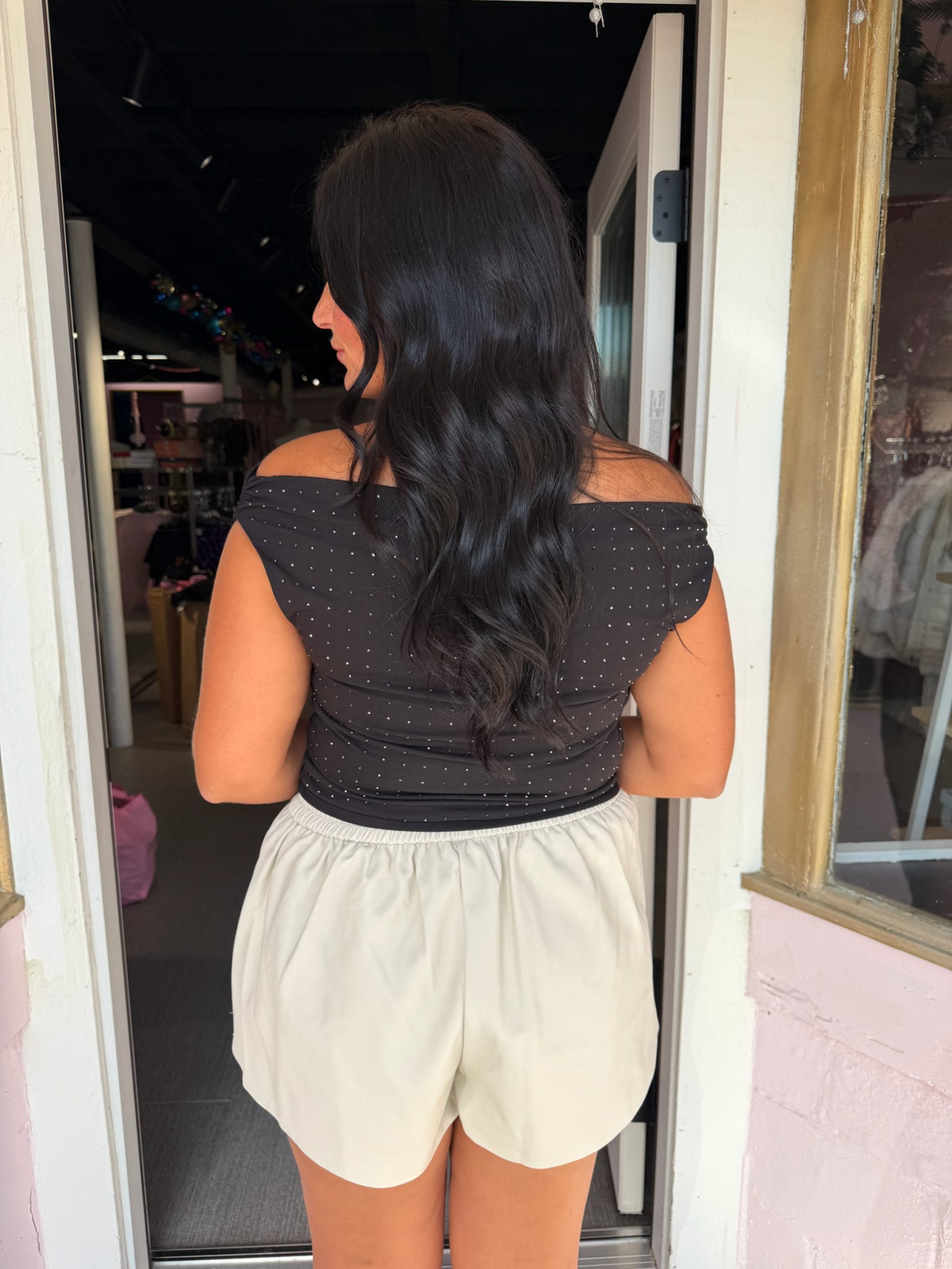 Off the Shoulder Rhinestone Top - Black