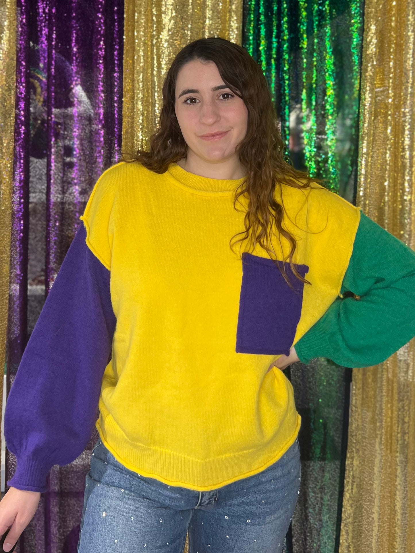 Mardi Gras Patch Pocket Sweater