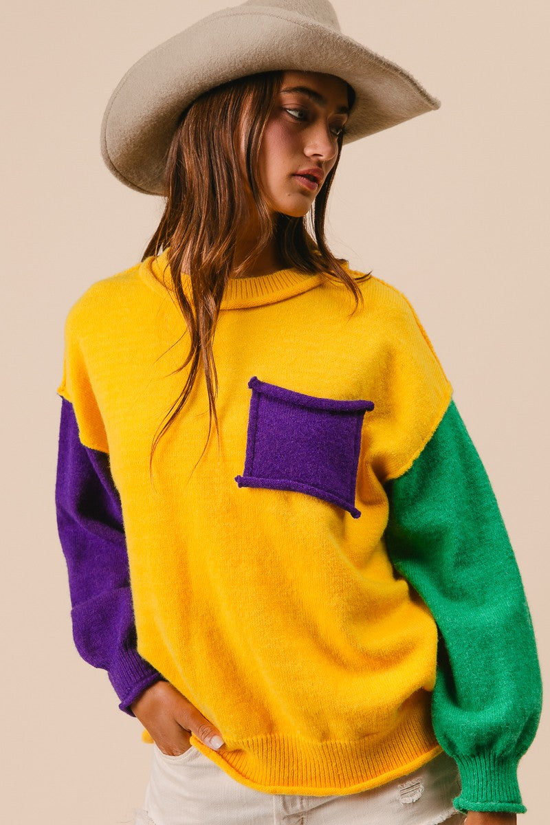 Mardi Gras Patch Pocket Sweater
