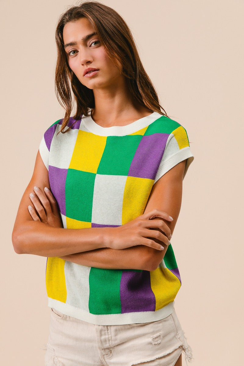 Mardi Gras Checker Sleeveless Sweater