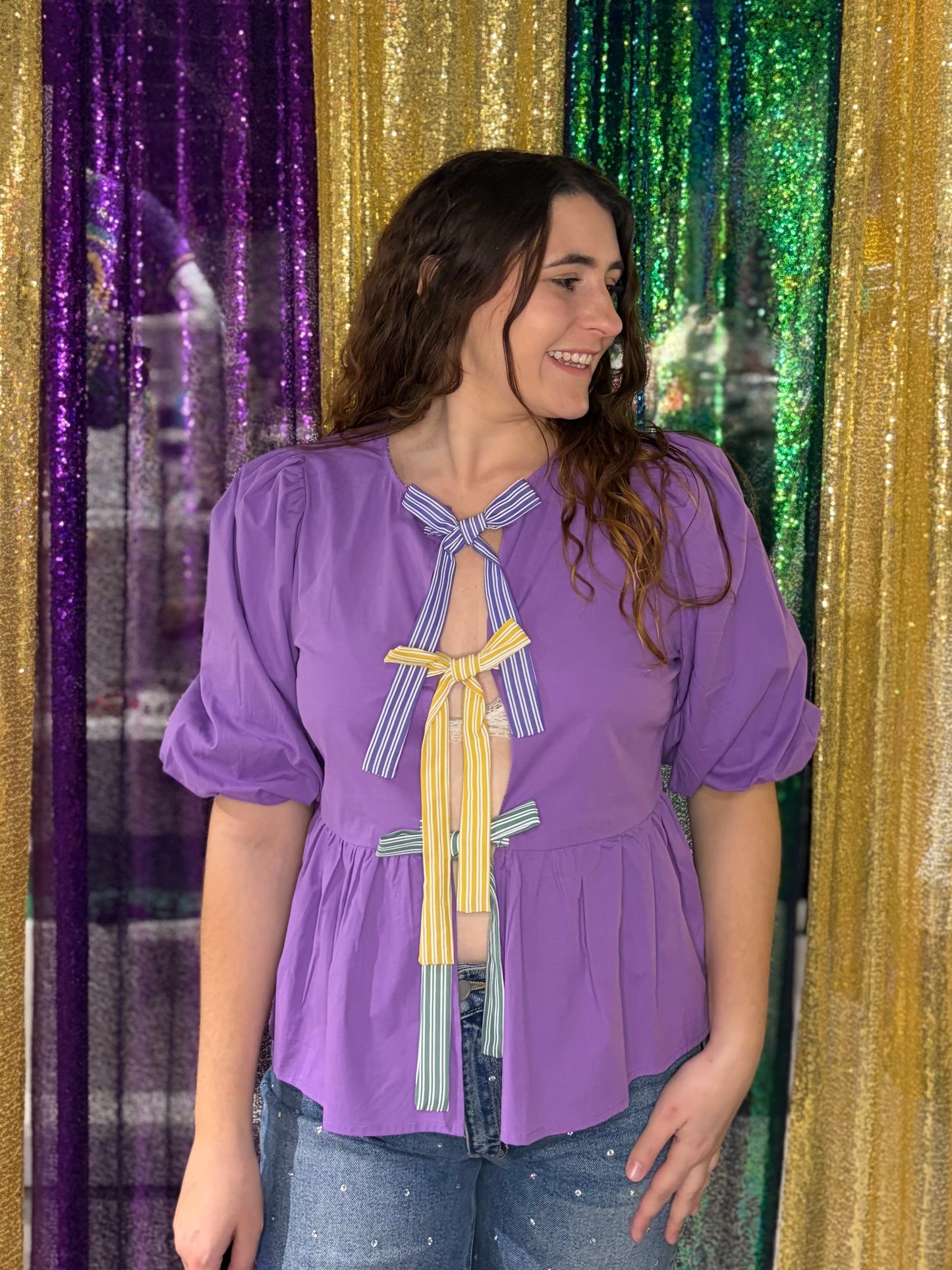 Mardi Gras Bow Peplum Blouse