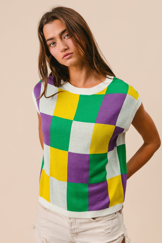 Mardi Gras Checker Sleeveless Sweater
