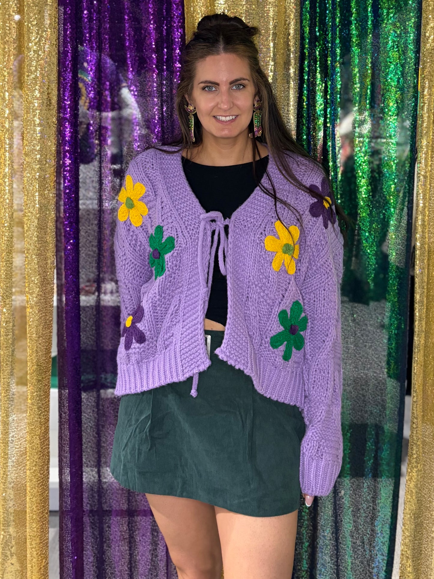 Mardi Gras Flower Patched Cardigan