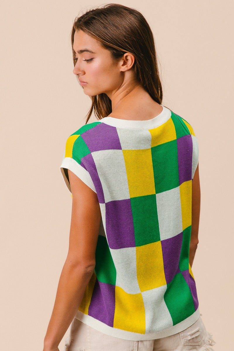 Mardi Gras Checker Sleeveless Sweater