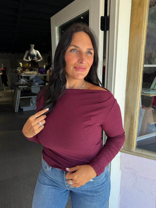 Stella Boat Neck Long Sleeve Top - Burgundy