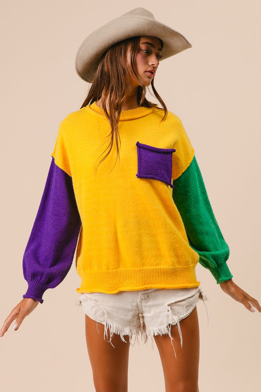 Mardi Gras Patch Pocket Sweater