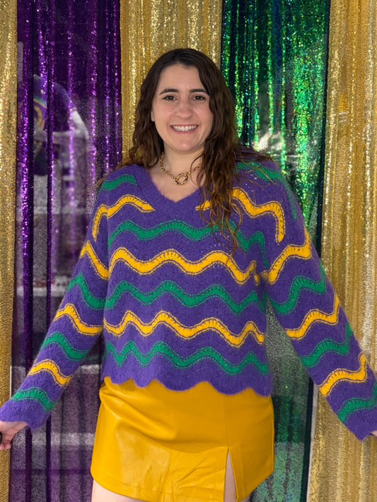 Mardi Gras Purple Wavy Stripes Sweater