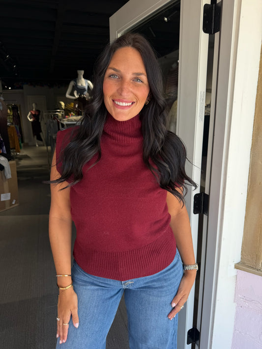 Burgundy Turtleneck Sleeveless Sweater