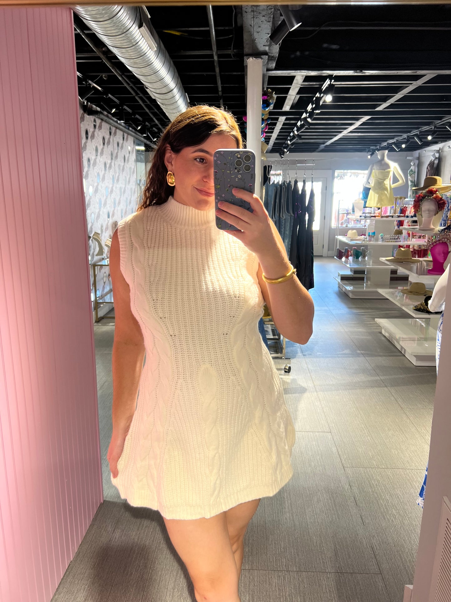 Mock Neck Cable Knit Flared Sweater Mini Dress