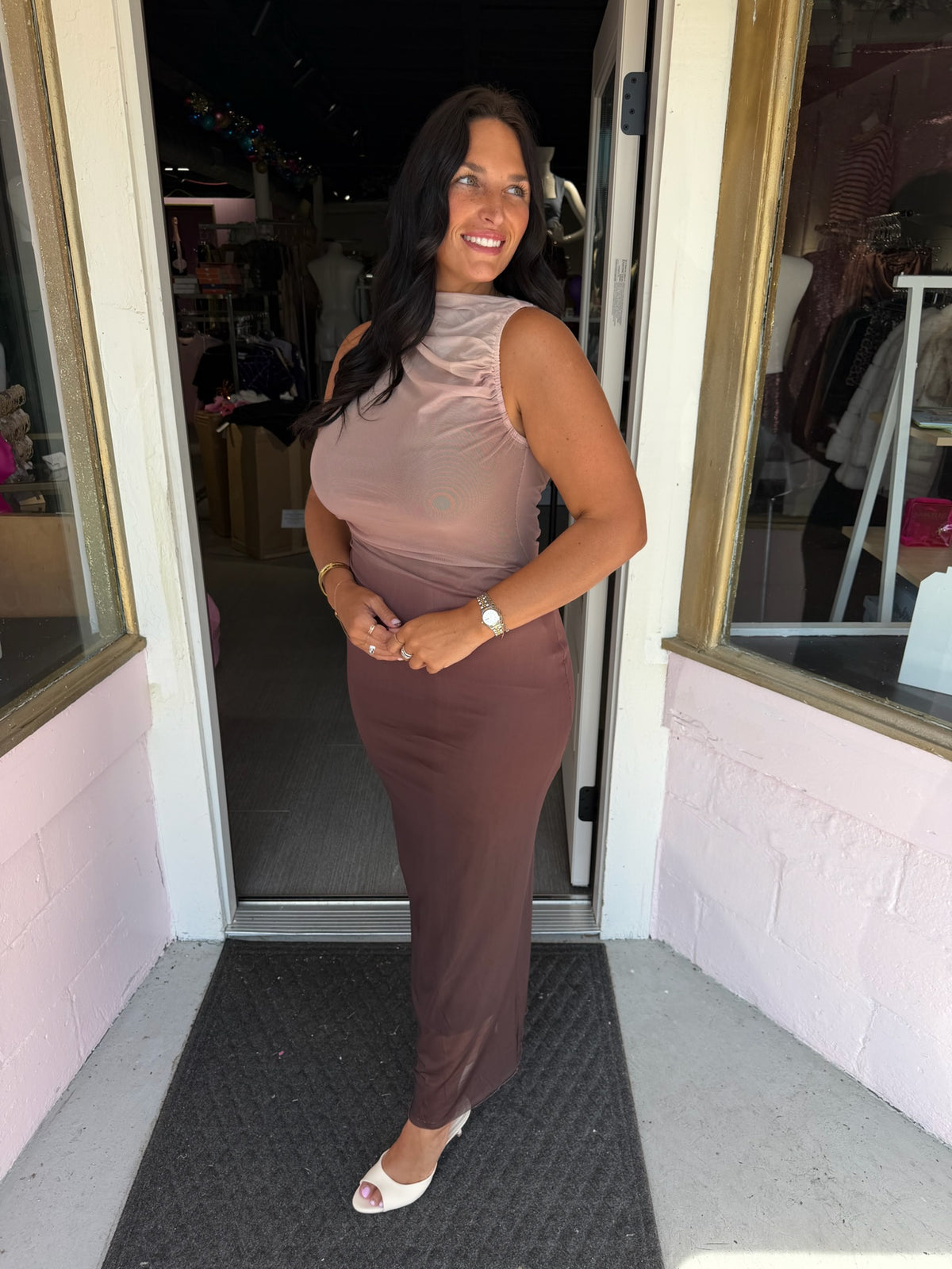 Brown Ombré Sleeveless Mesh Dress