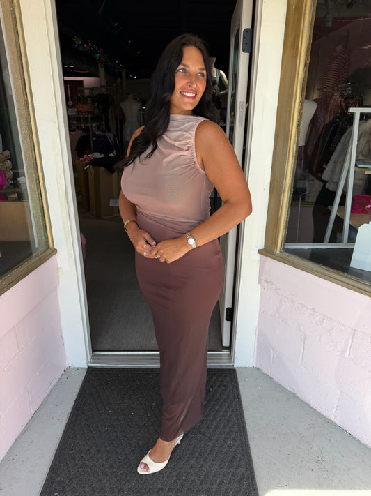 Brown Ombré Sleeveless Mesh Dress
